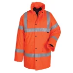 Reflektörlü şeritlere sahip turuncu iş parkası, su geçirmez hi-vis iş kabanı modeli