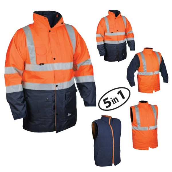 Lacivert ve turuncu renk kombinasyonuna sahip 5 in 1 parka, su geçirmez ve soğuğa dayanıklı, hi-vis özellikli parçalı iş kabanı modeli