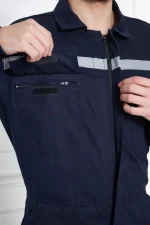 Reflektörlü pamuk gabardin iş tulumu – kollu boy tasarım, dayanıklı ve kaliteli iş tulumu, kurumsal baskılı iş tulumu imalatı.